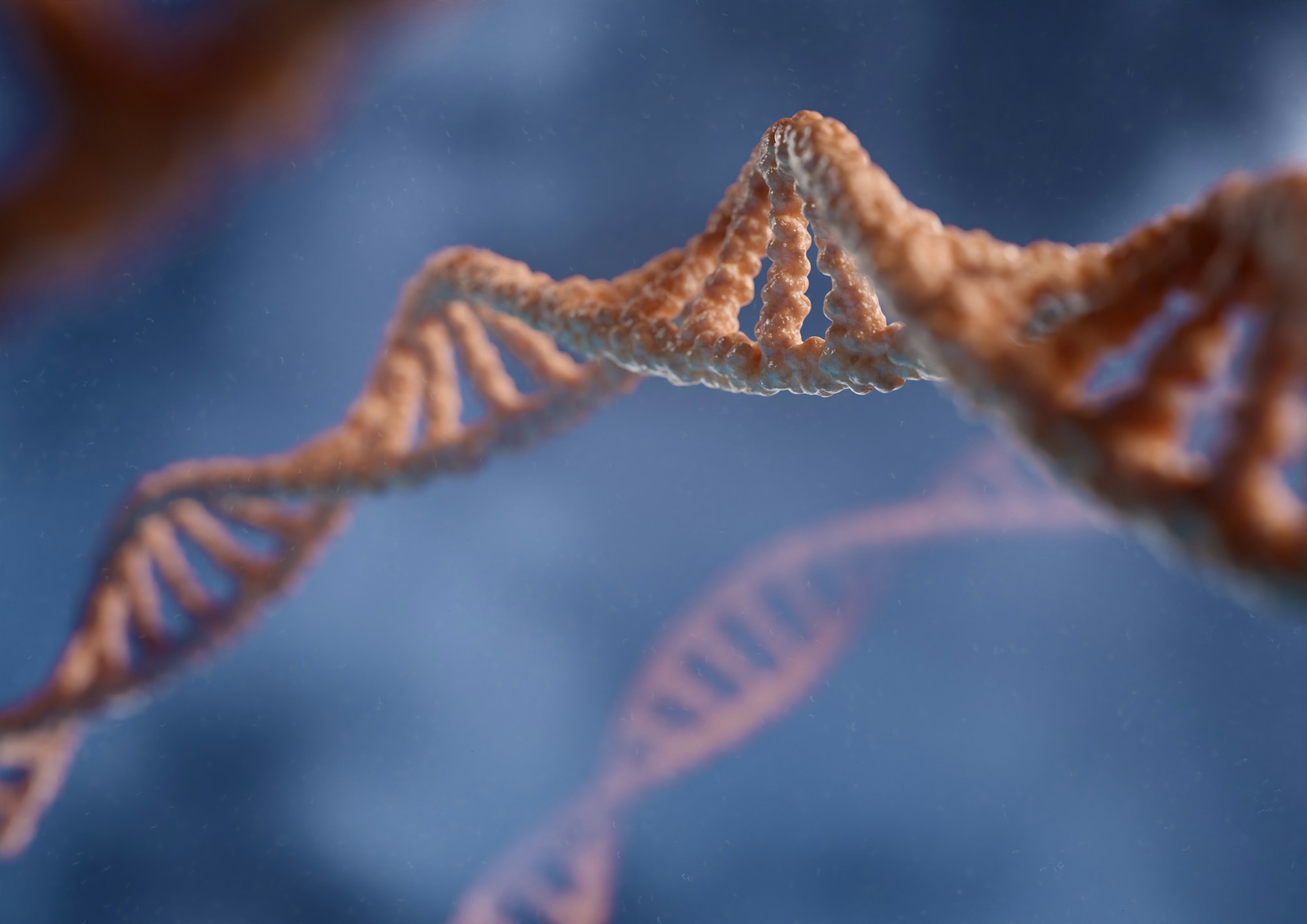 A glowing blue DNA double helix